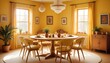 © LetsRock - A round dining table and chairs adorn a vibrant yellow room, creating a bohemian interior design in the modern dining room