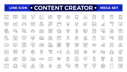 Content creator icon set. Modern thin line style of love social media related icons: passion, creator, celebrity, and more. Pictograms and infographics for mobile