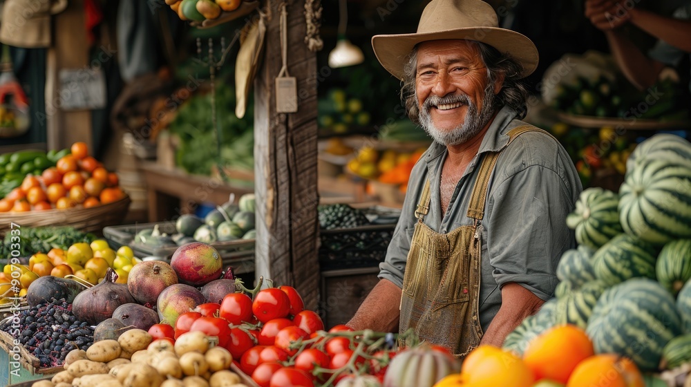 Smiling farmer at a vibrant outdoor market stall with a variety of ...