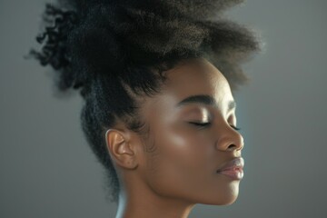 Wall Mural - A confident black woman with closed eyes and makeup on a white background. Healthy skin, dermatology, and natural makeup with African model in studio.