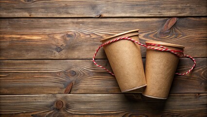 Wall Mural - Rustic wooden background features two brown paper cups tied together with a red string, evoking a sense of vintage charm and nostalgic simplicity.