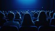 © CALL - A large number of spectators are sitting in cinema seats, watching a film, dark blue lighting. The atmosphere is dark, realistic and mysterious. concept of activities on holidays, entertainment