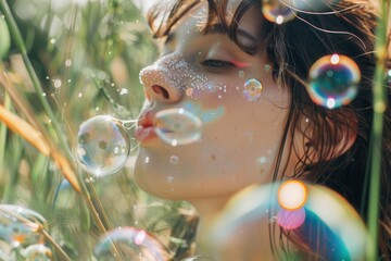 Wall Mural - Woman blowing bubbles in nature, dreamy atmosphere.