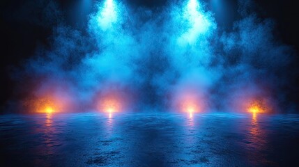 Blue dark background of the empty foggy street with wet asphalt, illuminated by a searchlight, laser beams, smoke 