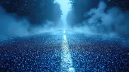 Blue dark background of the empty foggy street with wet asphalt, illuminated by a searchlight, laser beams, smoke 