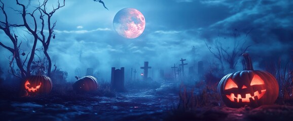 Wall Mural - Halloween background with pumpkins and moon in the night sky, fantasy scene.