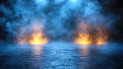 Blue dark background of the empty foggy street with wet asphalt, illuminated by a searchlight, laser beams, smoke 