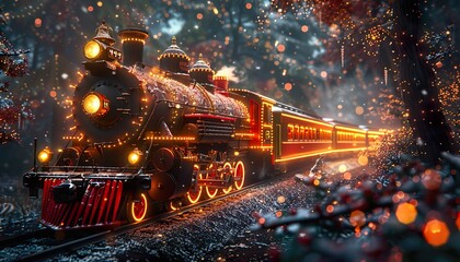 Wall Mural - Fairy locomotive in holiday postcard style. Merry christmas and happy new year concept