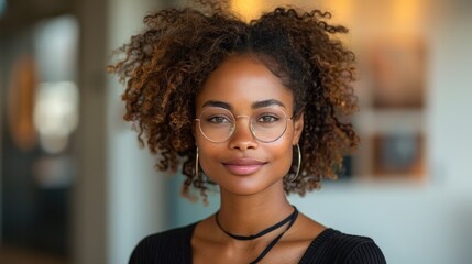 Confident young woman with curly hair and glasses standing indoors, smiling softly, professional and poised, blurred background