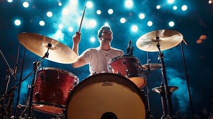 Wall Mural - Intense drummer performing on stage with blue backlights and smoke effects