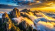 © DigitalArt Max - Golden light shines in the evening at Huangshan, reflecting overflowing clouds and clear mountain contours, evoking a traditional Chinese painting against a deep blue sky.
