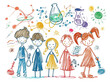 A children's drawing of a joyful science subject exploration with a white background.