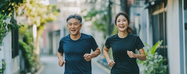 Happy older man and young woman running together in the city