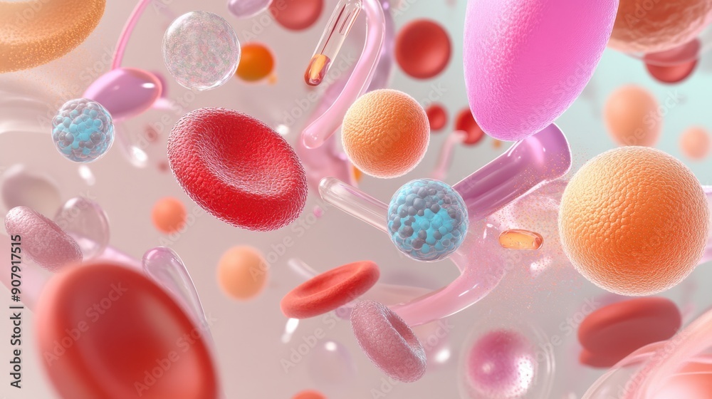 3D illustration showcasing a variety of blood cells including red blood ...