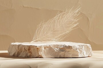 Wall Mural - Tropical dry leaf product presentation with Cracked stone . Natural beige background Studio Minimal showcase