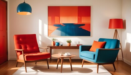 In a mid-century interior design of a modern living room, a blue armchair sits near a long wooden coffee table against a white wall with a large art canvas poster frame