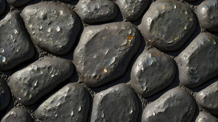 Poster - Timeworn Cobblestone Path: A close-up view of a weathered cobblestone path, its dark stones polished smooth by time and elements. 