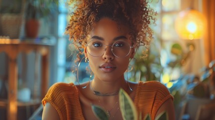 Young woman with curly hair and glasses in a cozy, plant-filled room with natural lighting, focused and calm expression.