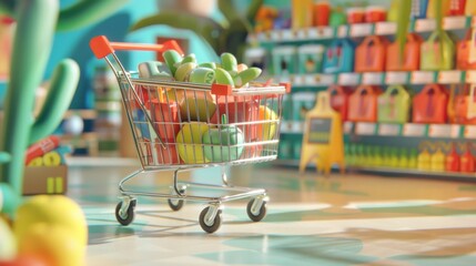 Wall Mural - Shopping Cart Full of Groceries in a Cartoon Supermarket.