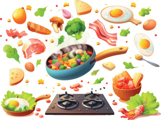 Poster - 3D cooking scenes. Realistic food, kitchenware, and pots. Salads, breakfasts, dinners, and lunches. Flying meat, fish, and vegetables. Pithy modern set.