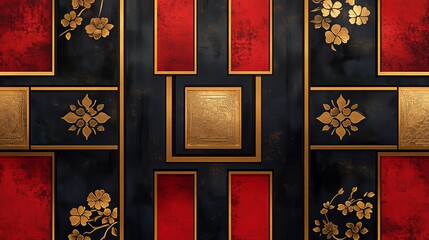 Sticker - A beautifully crafted wall showcases striking red and black patterns adorned with intricate golden floral designs