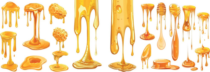 Poster - The surface of a honeypot is dripping with honey, which drips lathered with molasses, forming a sweet and delicious nectar. The illustration is isolated on a white background.