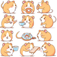 Poster - Funny hamster sleeping, playing, and eating in different poses. Fatty pets in various situations, modern set of today's hamsters.