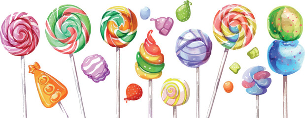Poster - Modern cartoon candy and sweets set. Candy cane spiral lollipops, swirl lollipop jelly, halloween trick or treat desserts.