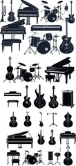 Poster - A Black silhouette icon of musical instruments. Instruments of an orchestra with a flat guitar, piano, and violin. Simple elements of contemporary music isolated on a white background.