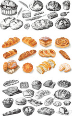 Aufkleber - Set of modern baking pencil sketches. Bread buns flour wheat bagel dough loaf muffins rye bakery products and the background is white.