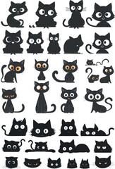 Aufkleber - Peeking black cats silhouettes with big eyes. Playful muzzles and playful kitty backs. Spy pets snuggled closely to the modern objects.