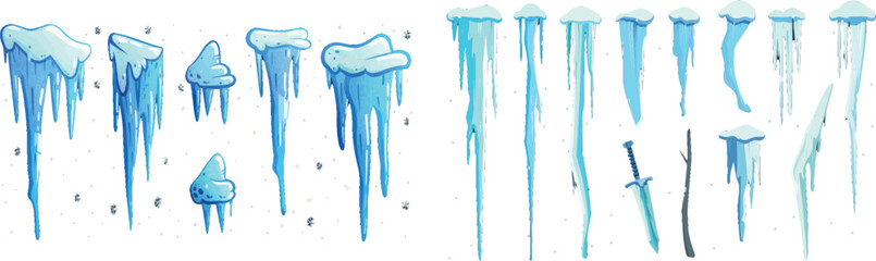 Aufkleber - Cartoon seasonal nature elements, snowfall and icicles for winter roof designs. Dripping icicle, snugly modern set.