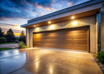 Modern garage door with automatic overhead motion sensor light illuminating the concrete floor and surrounding walls in a bright, warm, and inviting evening atmosphere.