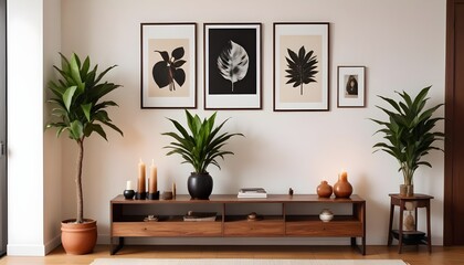 Interior design of a modern living room with a white wall and home decor pieces, featuring an empty mock-up black poster frame on a wooden shelf