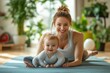 © Harvinder - Home pilates exercise for mother and baby, mommy and me workout. Physical activity for mother while bonding with children, Generative AI