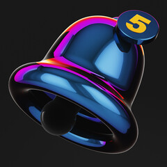 Close-up of futuristic shiny bell with message icon on black background. 3d rendering illustration.