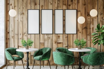 Modern cafe with green chairs, wooden wall panels, three empty frames, and white tables, light background. Cozy dining concept.  3D Rendering, Generative AI