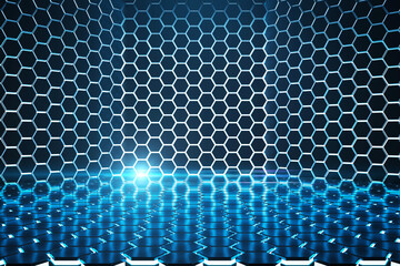 Aufkleber - Futuristic empty room with illuminated hexagonal pattern. 3D Rendering