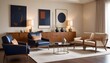 © LetsRock - Interior design of a modern living room with blue armchairs, a beige sideboard over a white stucco wall, and contemporary dresser and coffee tables