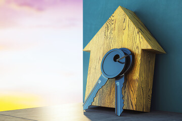 Poster - Wooden house-shaped key holder with a set of keys on a table. 3D Rendering