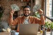 © Rajiv - Happy young Muslim man sitting in office in front of laptop, talking on video call, showing and holding fan of money and glasses, bragging about achievement and, Generative AI