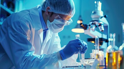 Poster - Innovative medical biotechnology software with lab researcher. 