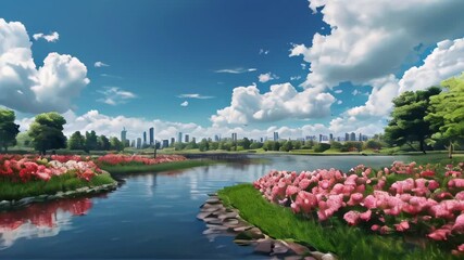 Wall Mural - Natural landscape overlooking the river and flowers