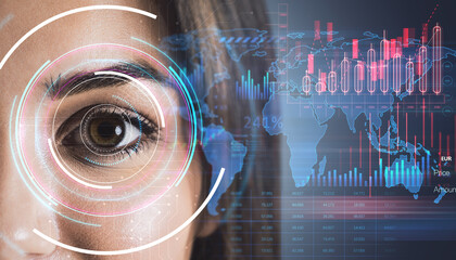 Poster - Woman's eye with futuristic digital interface and financial graphs in the background.