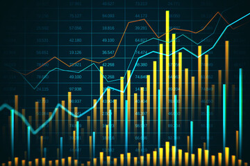Poster - Colorful Financial Graphs and Charts on Dark Background. 3D Rendering