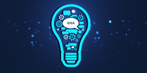 Poster - Lightbulb with speech bubbles and gears on dark background. 3D Rendering