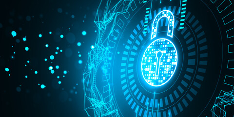 Poster - Digital padlock icon surrounded by abstract network graphics. 3D Rendering
