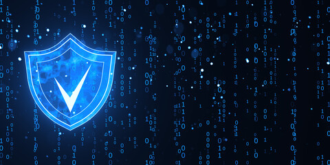 Poster - Digital Shield with Check Mark on Binary Code Background. 3D Rendering