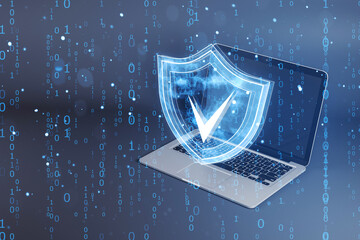 Poster - Digital shield icon with check mark over laptop, symbolizing online data security and protection.