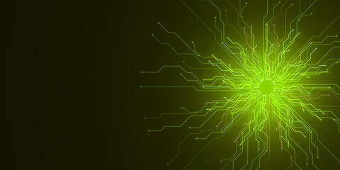 Poster - Glowing green circuit lines radiating from a central point on dark background. 3D Rendering